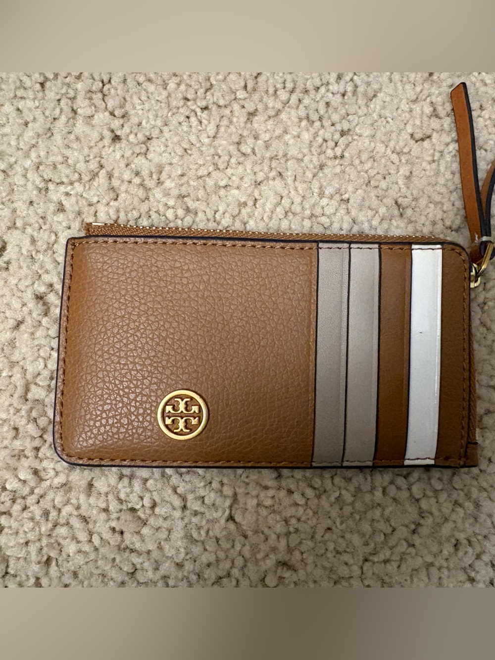 Tory Burch Caramel Leather Zip Card Wallet with Neutral Stripe Detail